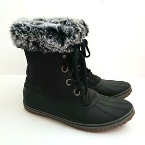 NEW Sperry Blk Lace Up Snow Boot Rubber Foot Faux Fur Collar Sz 7